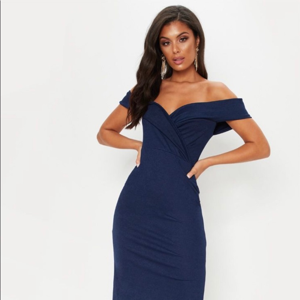 Navy Bardot Fold Detail Extreme Split Maxi Dress